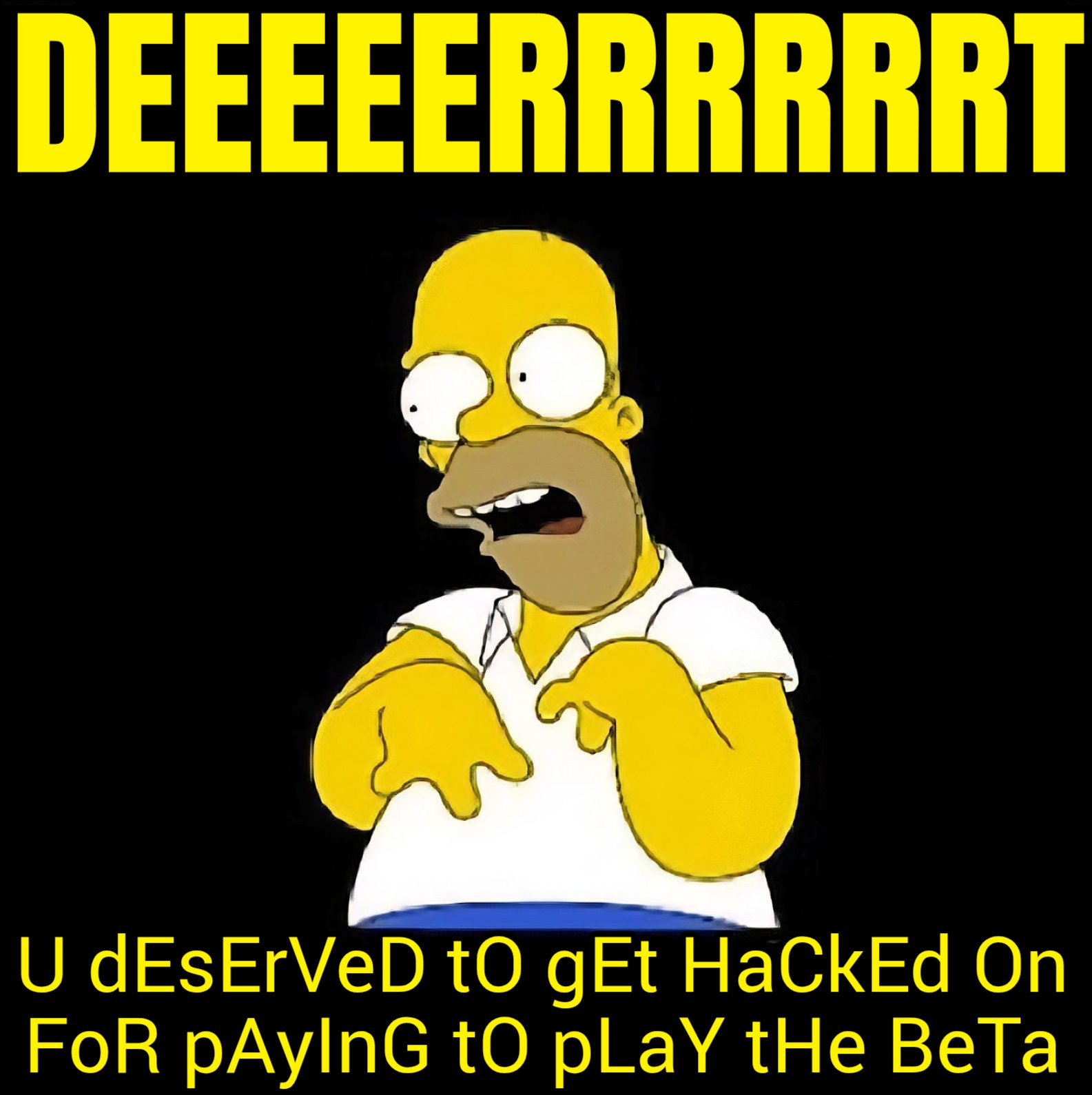 a meme of homer simpson pretending like he's retarded and in a mocking voice, he's saying, dert, you deserved to get hacked on for paying to play the beta.