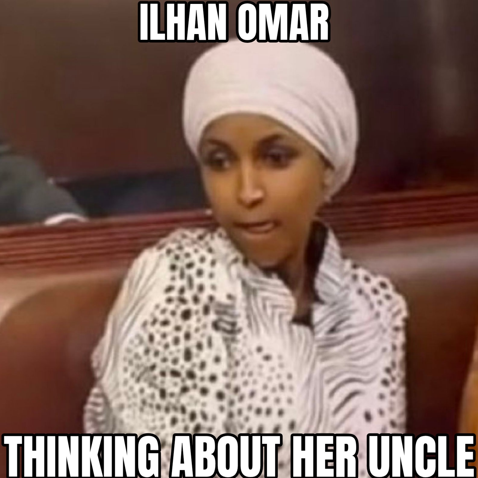 a meme of Ilhan Omar in a day dream licking her lips, and it says, ilhan omar, thinking about her uncle.