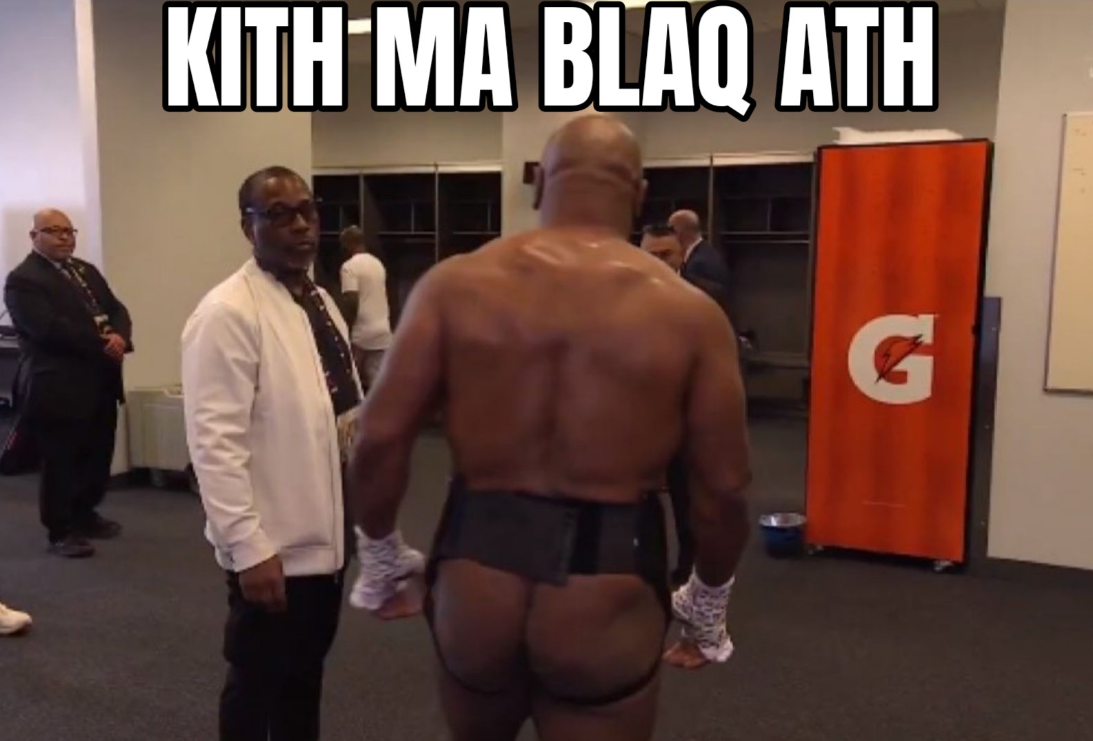 a meme of mike tyson walking away from the camera while he has a jock strap thong on and above him it says kith ma blaq ath