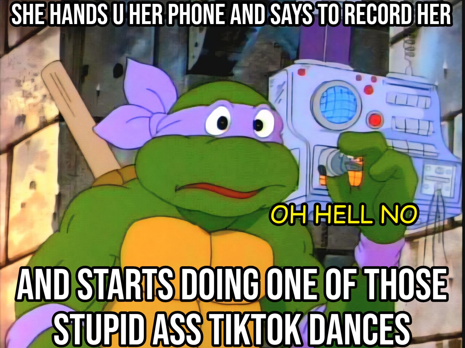 a meme of Donatello the ninja turtle making a shocked face and holding a techie device over his shoulder and the meme says, she hands u her phone and says to record her, and starts doing one of those stupid ass tick tock dances, and donatello is muttering the words oh hell no.