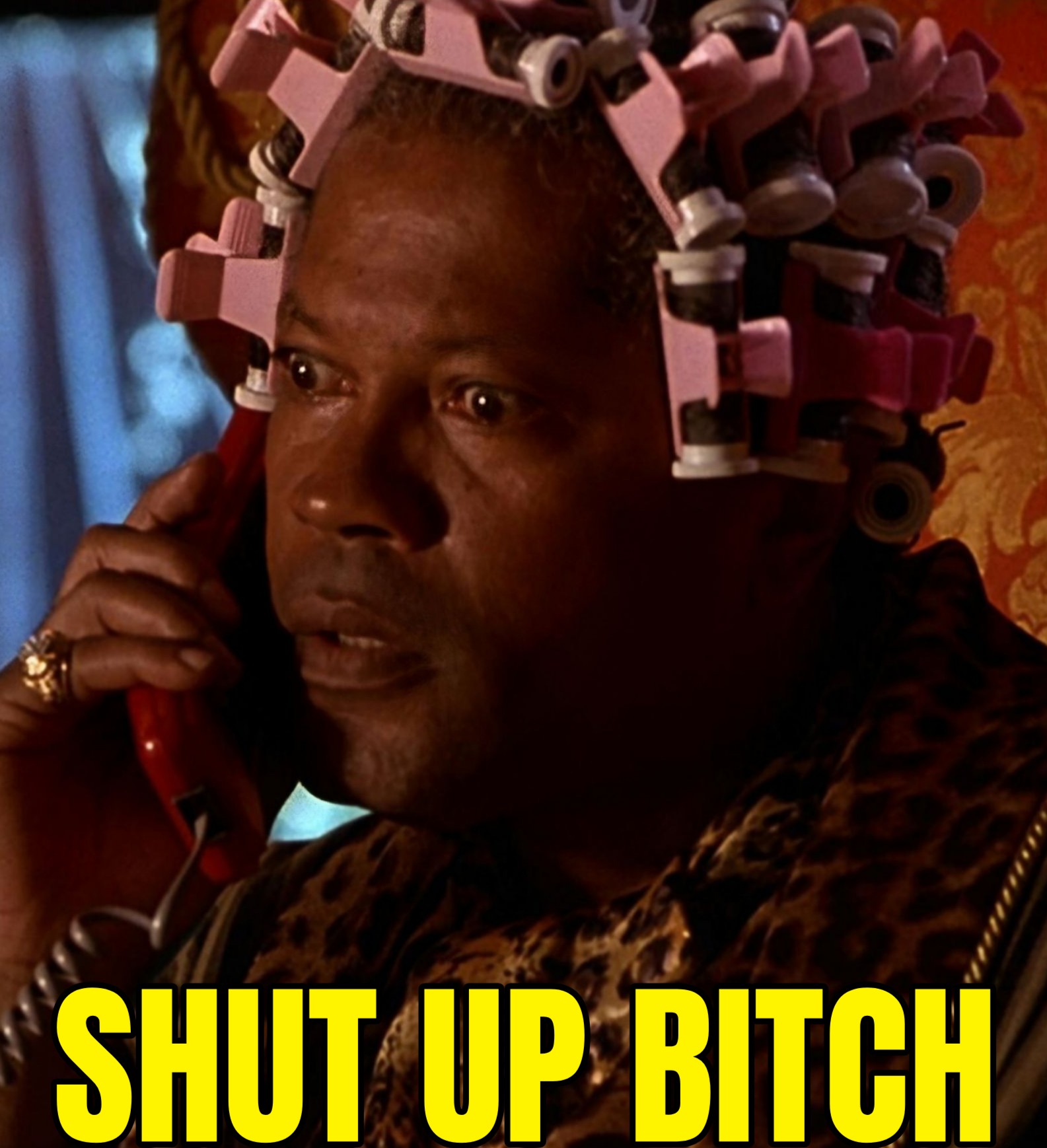 A meme of Samson from the movie Half Baked on the phone with thurgood, and he's got a shocked face and the text on the screen says, shut up bitch.