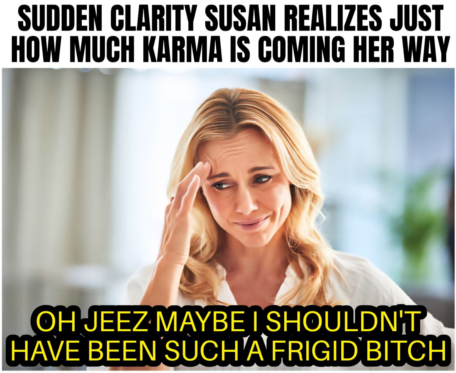 a meme of a woman who is having a sudden epiphany and it says sudden clarity susan realizes just how much karma is coming her way. She has her hand on her temple and she's sort of wincing at the thought of her own stupidity, and she's saying, oh jeez, maybe I shouldn't have been such a frigid bitch,