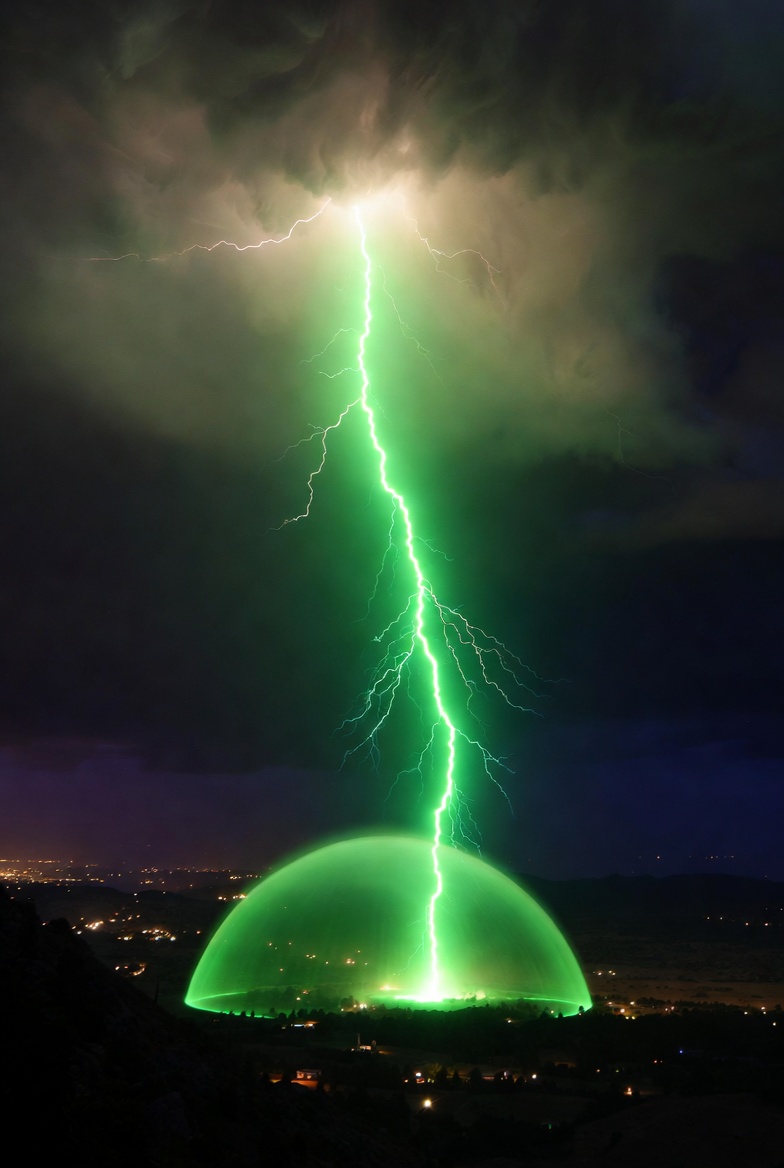 Neon lime green lightning bolt striking from stormy clouds into a perfect glowing green half-dome energy bubble over the Colorado Springs valley at night, viewed from a hilltop. White-hot origin in the clouds transitions to vivid neon green, illustrating a divine strike during the fall of the Watchers