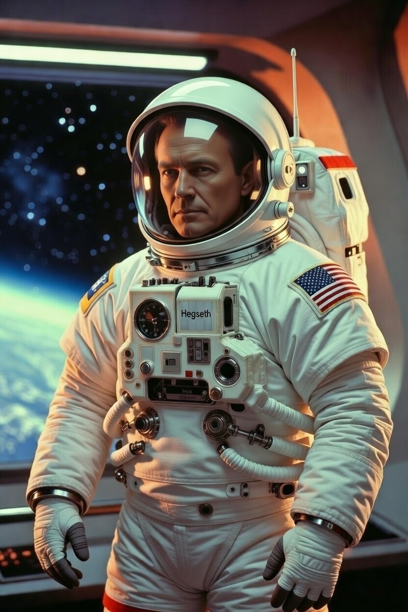 Mock photo of space cadet Mark Kelly with his astronaught helmet on inside of a space ship in orbit