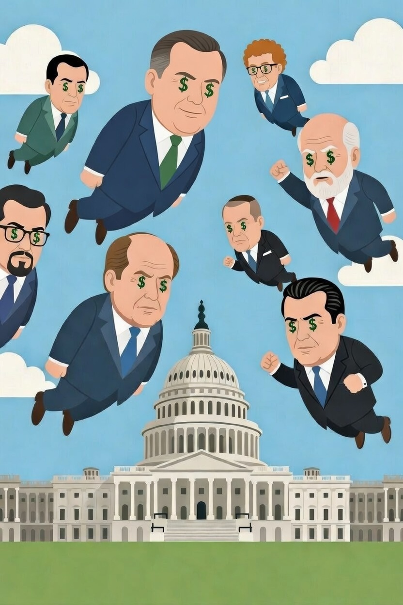 Mock photo of cartoon politicians floating to the capitol building with dollar signs in their eyes