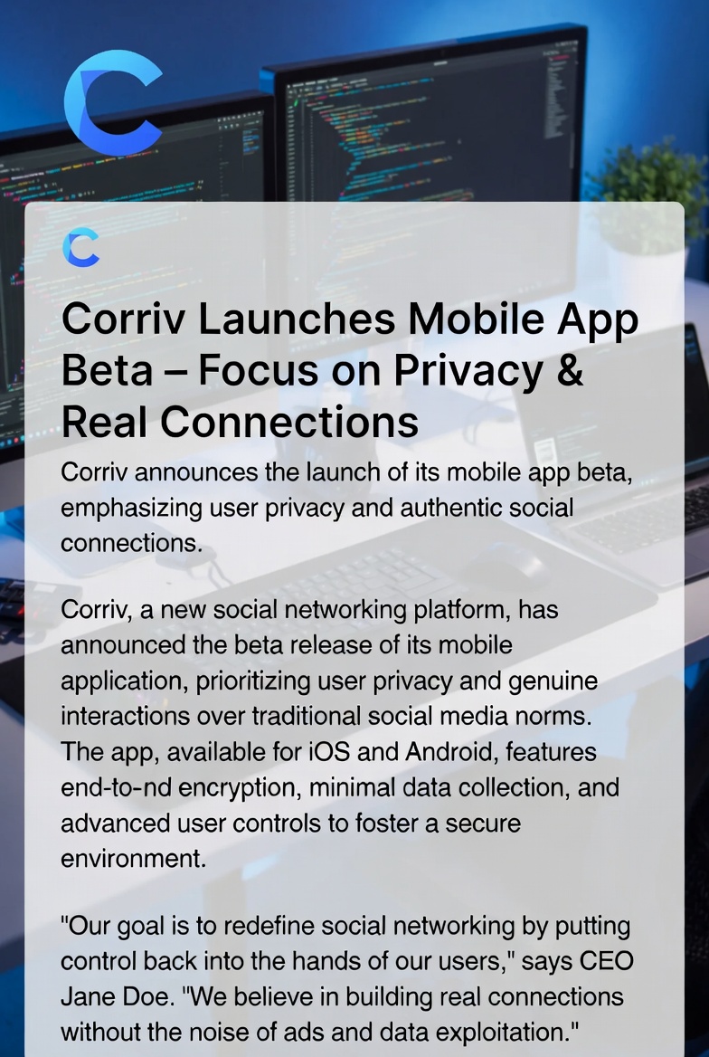 A photo of computer screens displaying code editors open and a press release with text about Corriv's press release and it features a blue C that is a mock logo for Corriv
