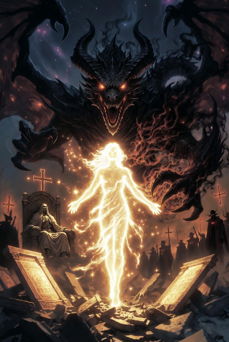 A dramatic fantasy illustration depicting a glowing ethereal female figure of pure supernatural light as the True Female Creator, overpowered by a massive menacing dark overlord dragon with glowing red eyes and black scales. Ancient tablets and scrolls crumble into dust as history is erased. In the background, a shadowy false god sits on a throne amid inverted crosses and silhouetted vampire-like figures, symbolizing rewritten reality and hidden control. Epic cosmic clash of divine light versus dark deception.