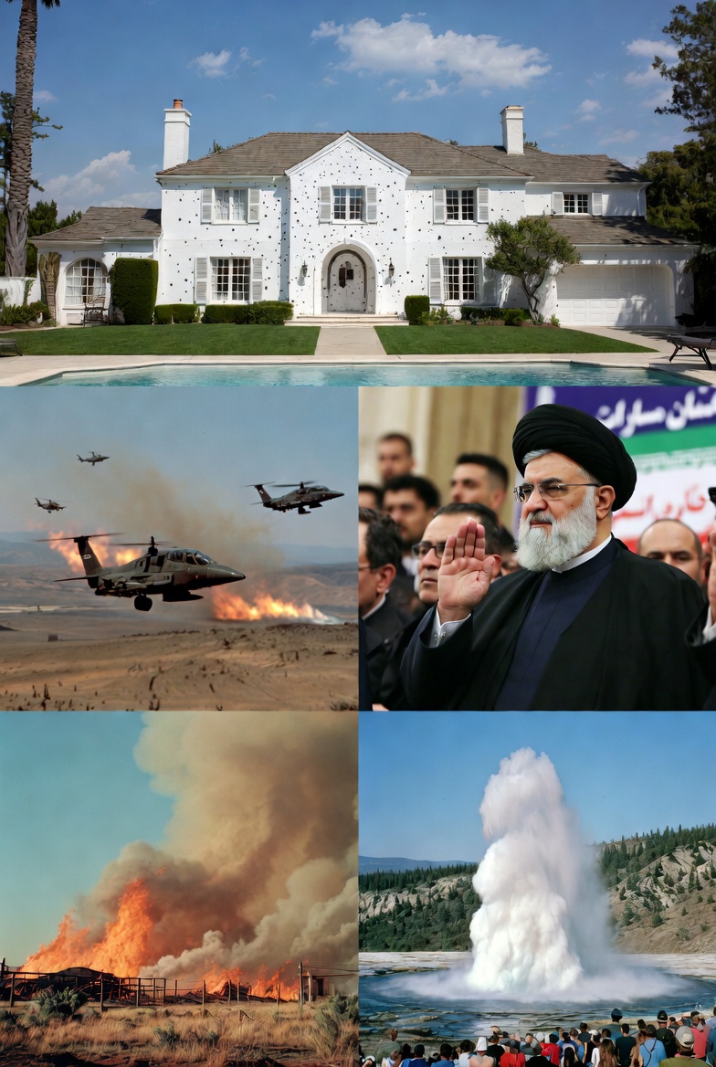 Mock photo of the recent news bits covered, like the war in Iran, the acidic geyser, house of Rhianna and bombings