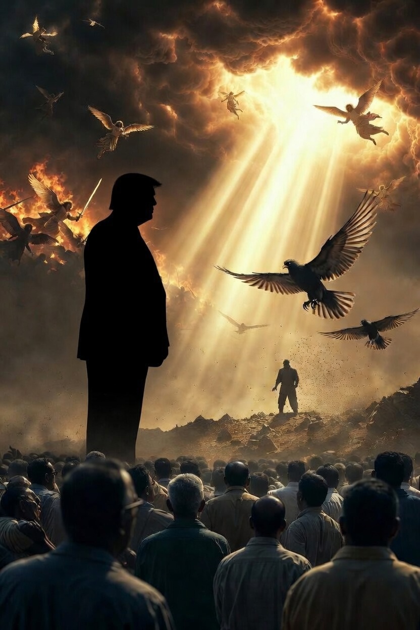 Mock photo of a silhouette of Donald Trump leading a blindfolded crowd directly into a fiery pit of destruction, symbolizing spiritual blindness and the path to eternal judgment
