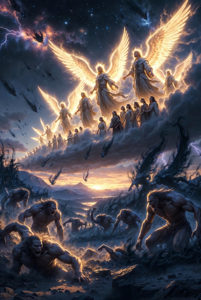 Mock photo of the fallens angels and creatures from heaven on earth, and a heiharchy of angels above golden glowing clouds