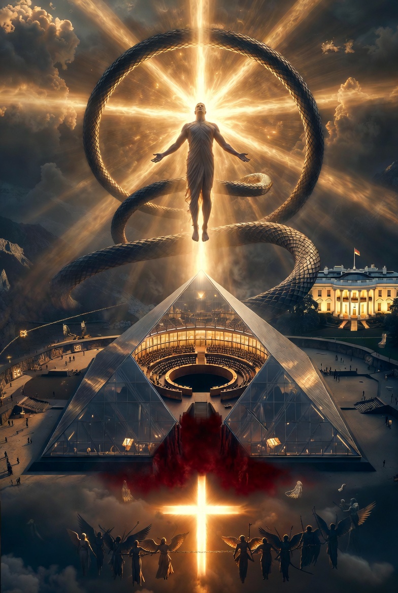 A dramatic prophetic illustration showing a radiant yet sinister Lucifer-Apollo figure with a serpent coil above a glowing Astana-style pyramid featuring a 200-seat council and central sacrificial drop, with the White House Baal Room in the background, underground DUMBs and Alaskan mountains below, and a victorious golden cross with binding angels at the base, symbolizing the full unveiling of the deceptive light-bringer system and God's ultimate victory. A dramatic prophetic illustration showing a radiant yet sinister Lucifer-Apollo figure with a serpent coil above a glowing Astana-style pyramid featuring a 200-seat council and central sacrificial drop, with the White House Baal Room in the background, underground DUMBs and Alaskan mountains below, and a victorious golden cross with binding angels at the base, symbolizing the full unveiling of the deceptive light-bringer system and God's ultimate victory