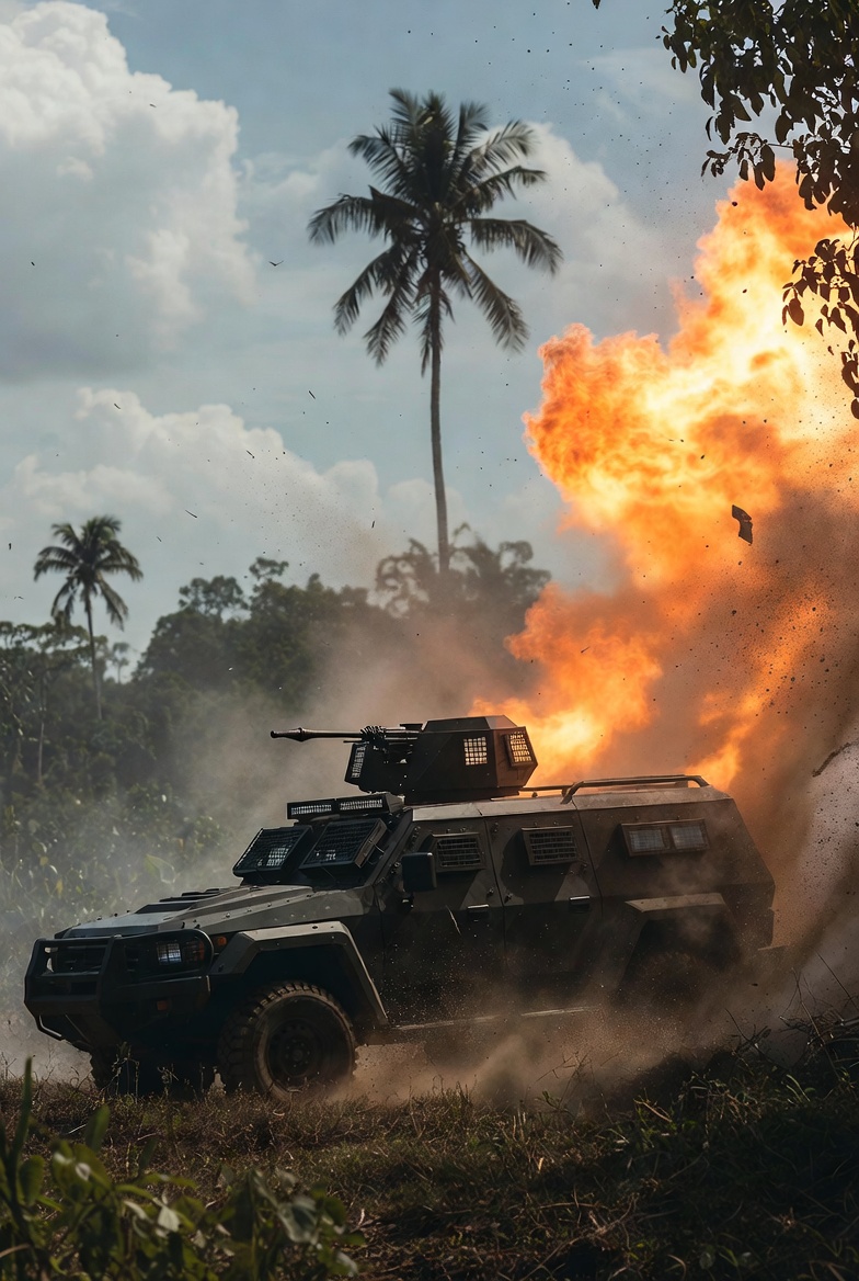 Dramatic illustration of an armored SUV under attack in a tropical Philippine landscape, with an RPG explosion and fireball erupting near the vehicle amid dust and smoke, palm trees in the background