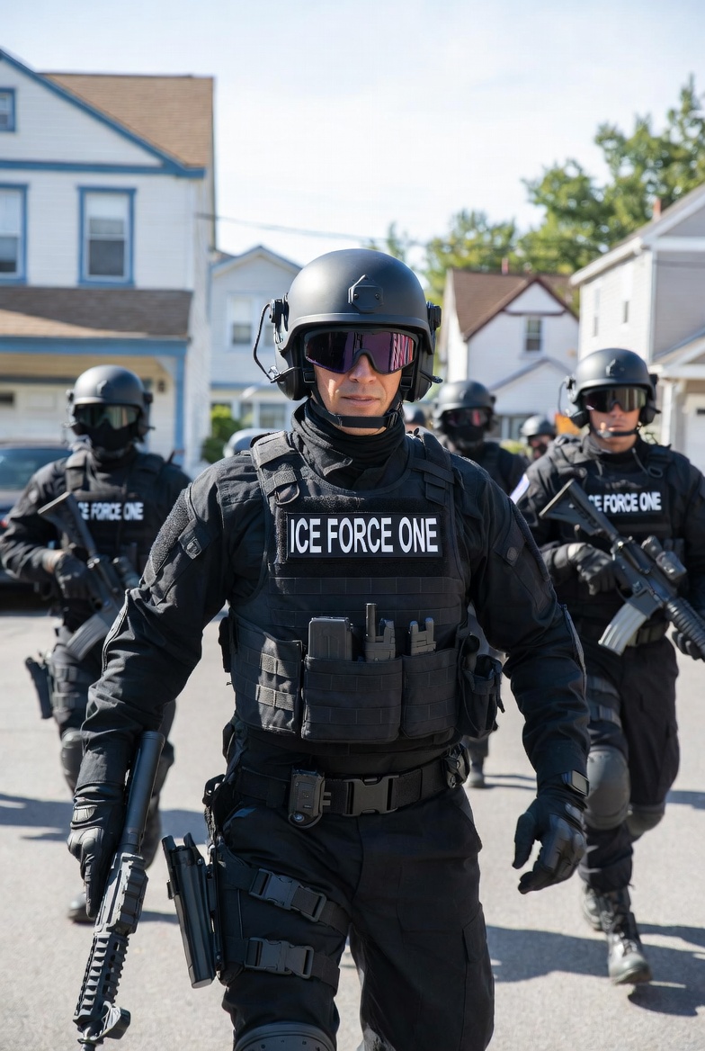 Mock photo of ICE Force One showing up in black attire and rifles to perform a raid at a house