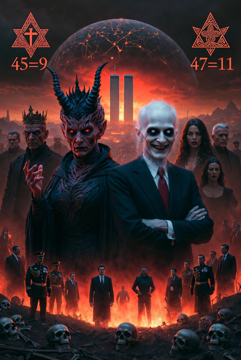 Mock photo of Dramatic conspiracy cover art: A demonic figure with red horns and pale skin stands beside a suited man resembling Ronald Reagan, both in front of a cracked, fiery globe and the burning Twin Towers. Shadowy world leaders crowd the scene under a hellish red sky, with overlaid numerology text 45=9 and 47=11