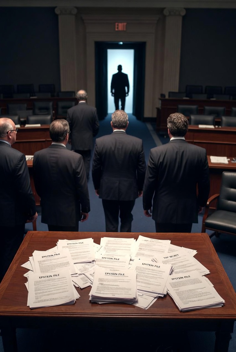 Mock photo of Democratic lawmakers walking out of a congressional briefing room in protest during the March 18, 2026, closed-door Epstein files session. Their backs face the camera as they exit, leaving behind a table strewn with EPSTEIN FILE documents and empty chairs, underscoring the tense walkout over transparency demands