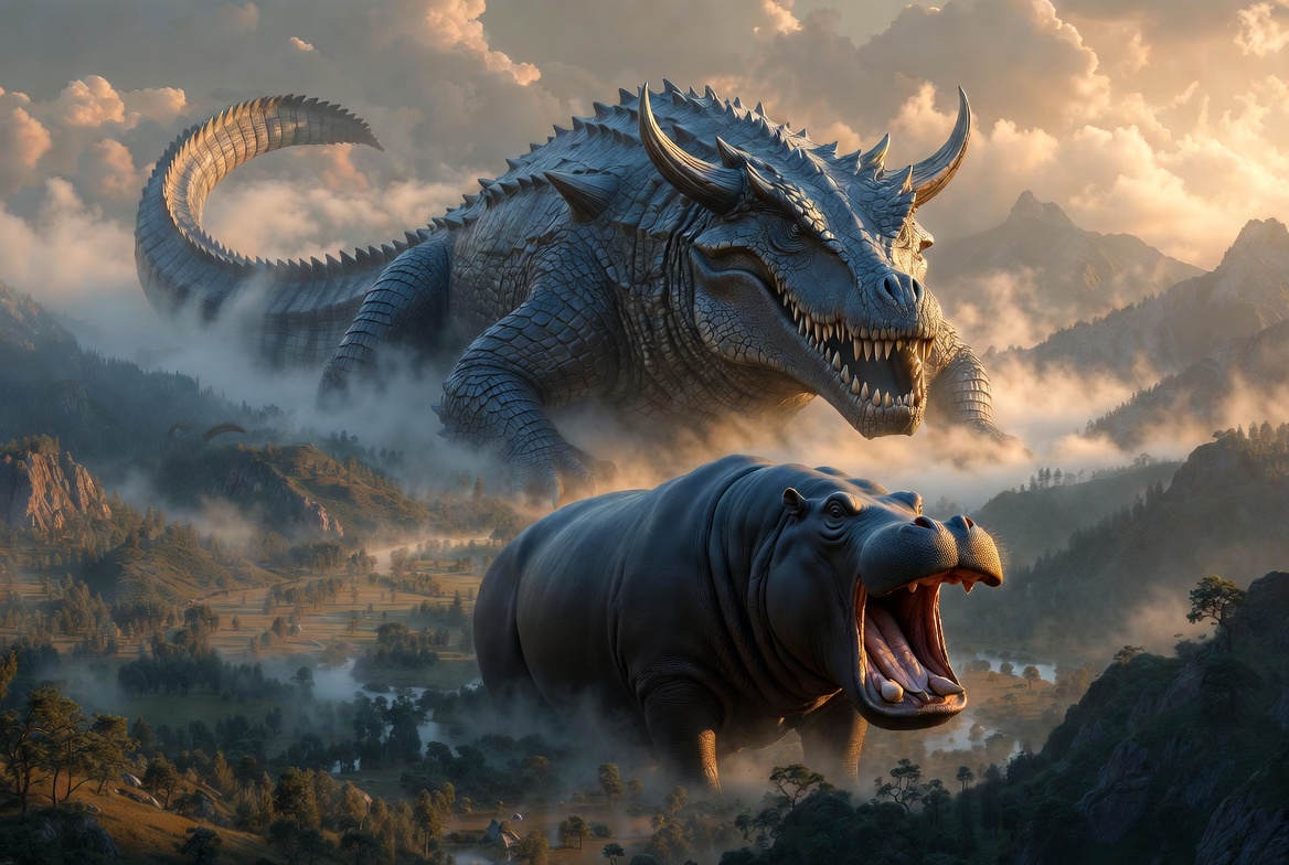 Photorealistic illustration of a vastly larger gargantuan horned crocodile as Leviathan towering over a colossal hippopotamus as Behemoth in a misty mountain valley landscape. Photorealistic illustration of a vastly larger gargantuan horned crocodile as Leviathan towering over a colossal hippopotamus as Behemoth in a misty mountain valley landscape