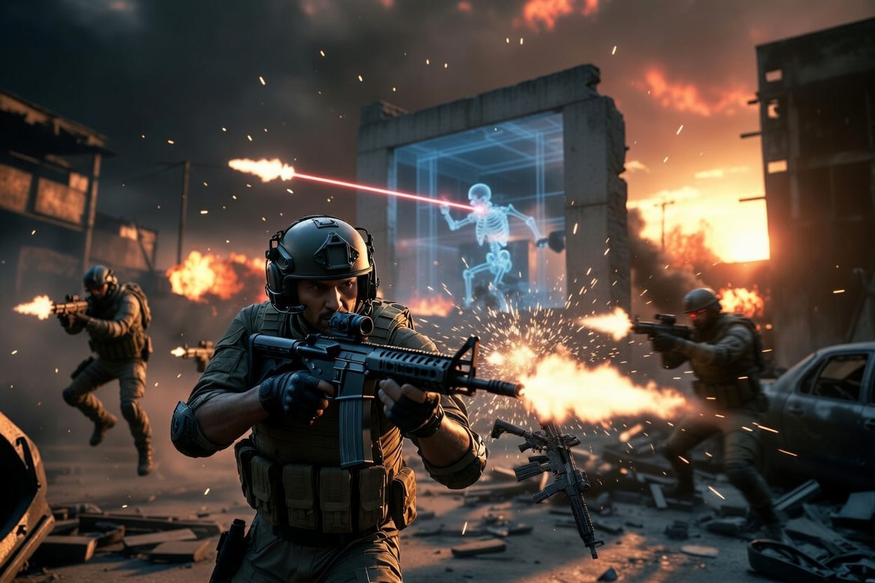 Mock photo of a intense Call of Duty-style battlefield with visible cheaters: floating soldiers, speed hacks, wallhacks with glowing x-ray skeletons, and aimbot laser beams amid chaotic combat explosions and gunfire