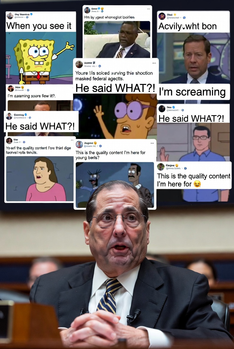 Mock photo of Nadler speaking out in a session while endless memes are popped up behind him
