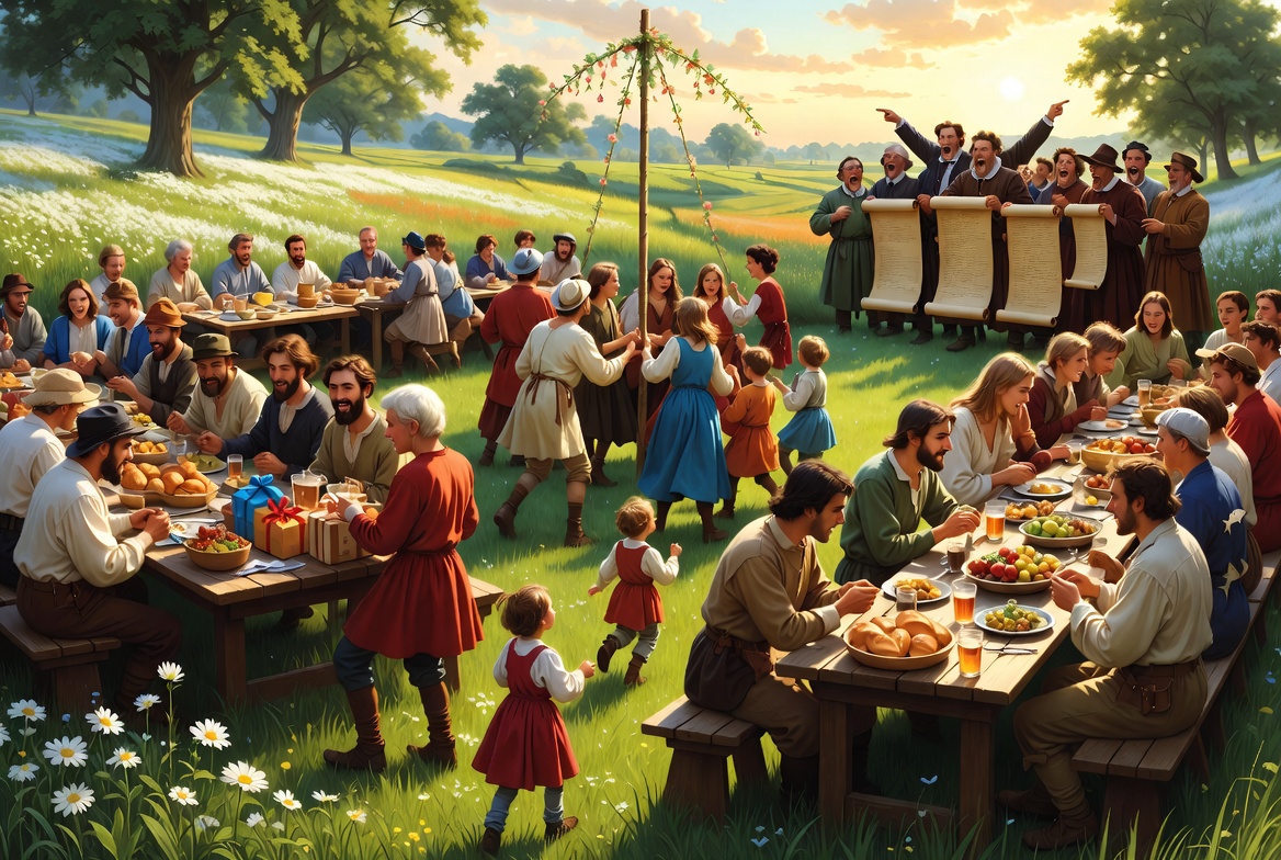 A lively 16th-century European spring meadow scene showing humble villagers in simple clothing joyfully celebrating the old New Year with long wooden feast tables full of bread, fruit, and ale, children and adults dancing around a flower-decorated maypole, and people exchanging gifts. In the background, a group of officials holding January 1st calendar scrolls point and laugh mockingly at the villagers, with subtle paper fish pinned on some backs. Golden sunlight over blooming fields and wildflowers. A lively 16th-century European spring meadow scene showing humble villagers in simple clothing joyfully celebrating the old New Year with long wooden feast tables full of bread, fruit, and ale, children and adults dancing around a flower-decorated maypole, and people exchanging gifts. In the background, a group of officials holding January 1st calendar scrolls point and laugh mockingly at the villagers, with subtle paper fish pinned on some backs. Golden sunlight over blooming fields and wildflowers