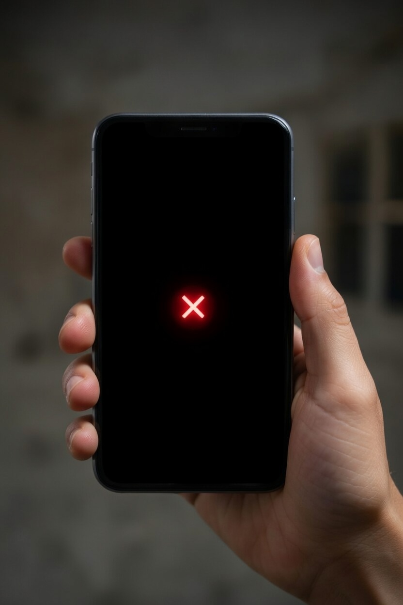Mock photo of a hand holding a phone that's not working and showing a red x because the internet is out