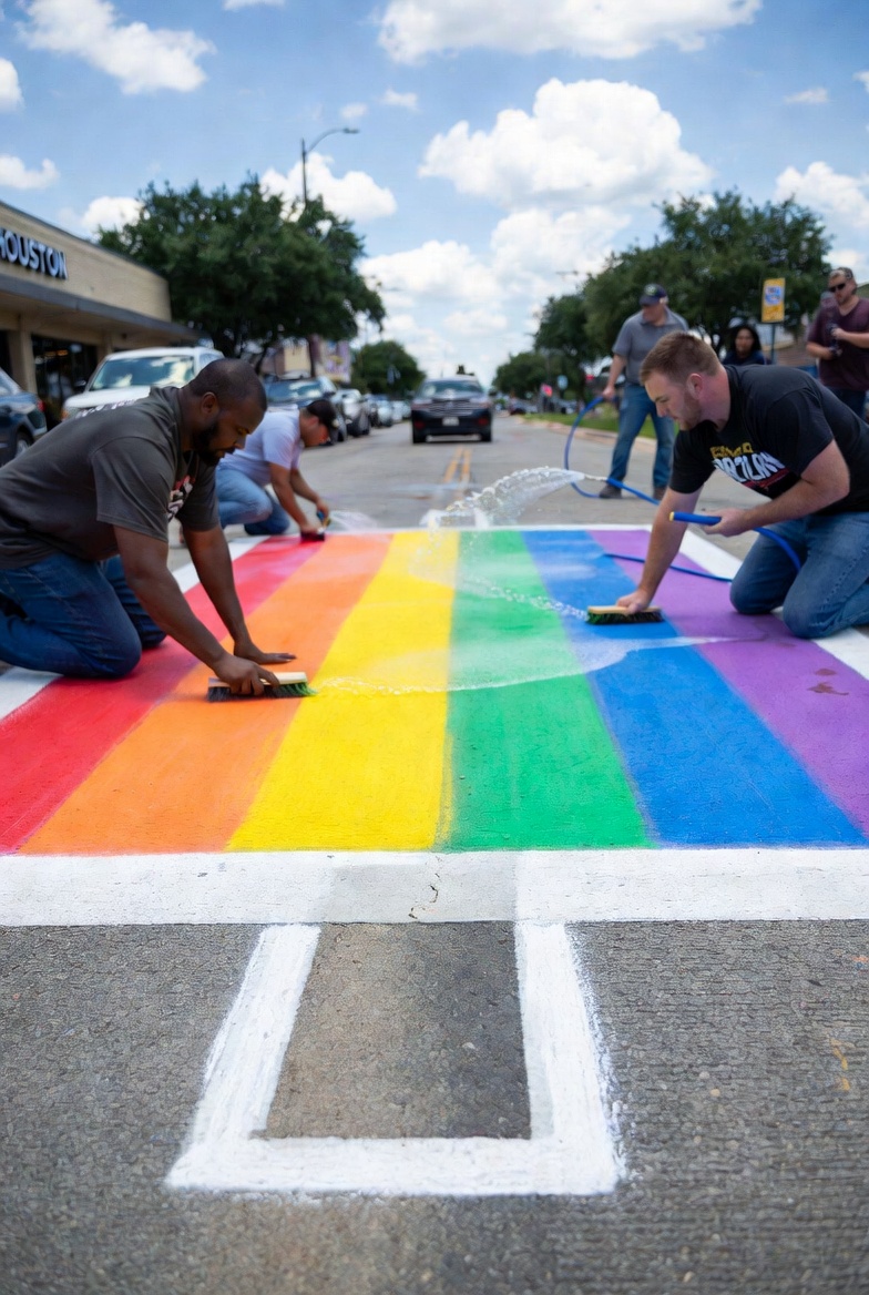 Mock photo of people getting on their hands and knees cleaning up a rainbow graphitti-ridden sidewalk with hoses, soap and scrubber brushes