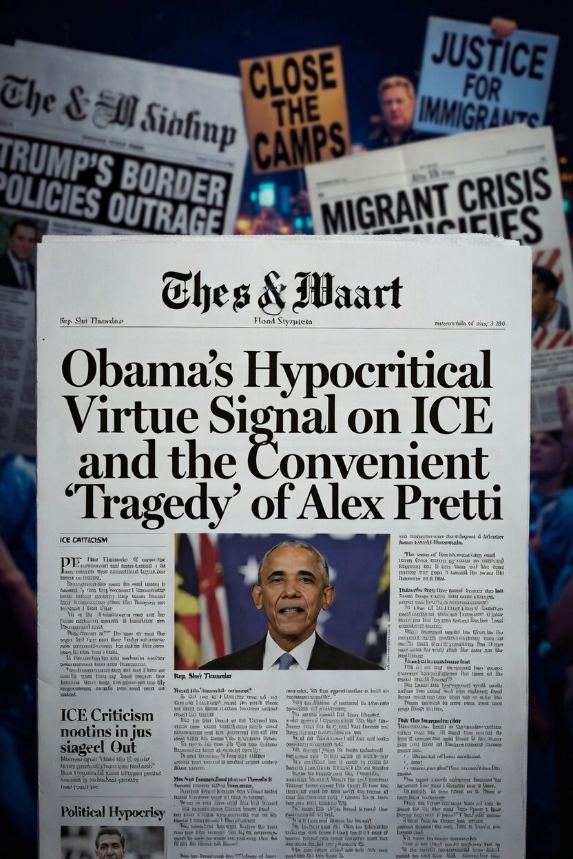A picture of Obama on the front page of a newspaper with the headline reading Obama's Hypocritical Virtue Signal on ICE and the Convenient 