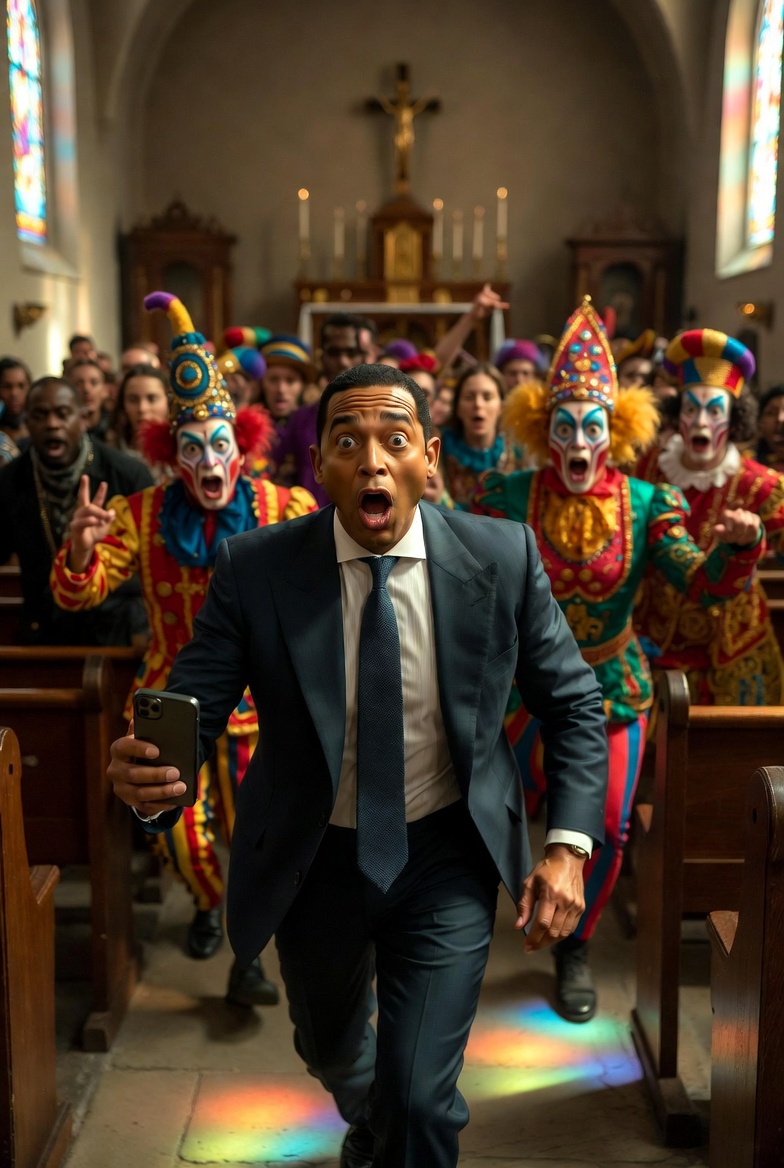 Mock photo of Don Lemon barging into church with his circus of a clown show