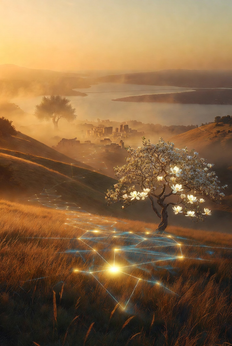 A glowing magnolia tree stands on a golden hillside overlooking misty American landscapes with distant oceans and faint ancient ruins in the background. Subtle luminous energy grid lines connect across the land, evoking spiritual frequencies and hidden connections. Warm, ethereal atmosphere with soft golden light
