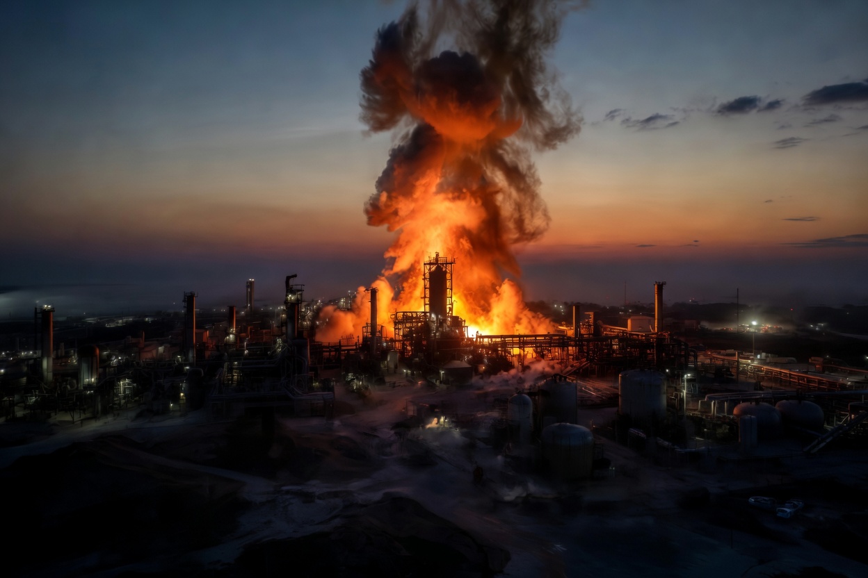 Mock photo of a massive explosion at the Valero Port Arthur refinery at dusk, with bright orange flames and a towering plume of thick black smoke erupting from an industrial heater unit against a dramatic Texas sky