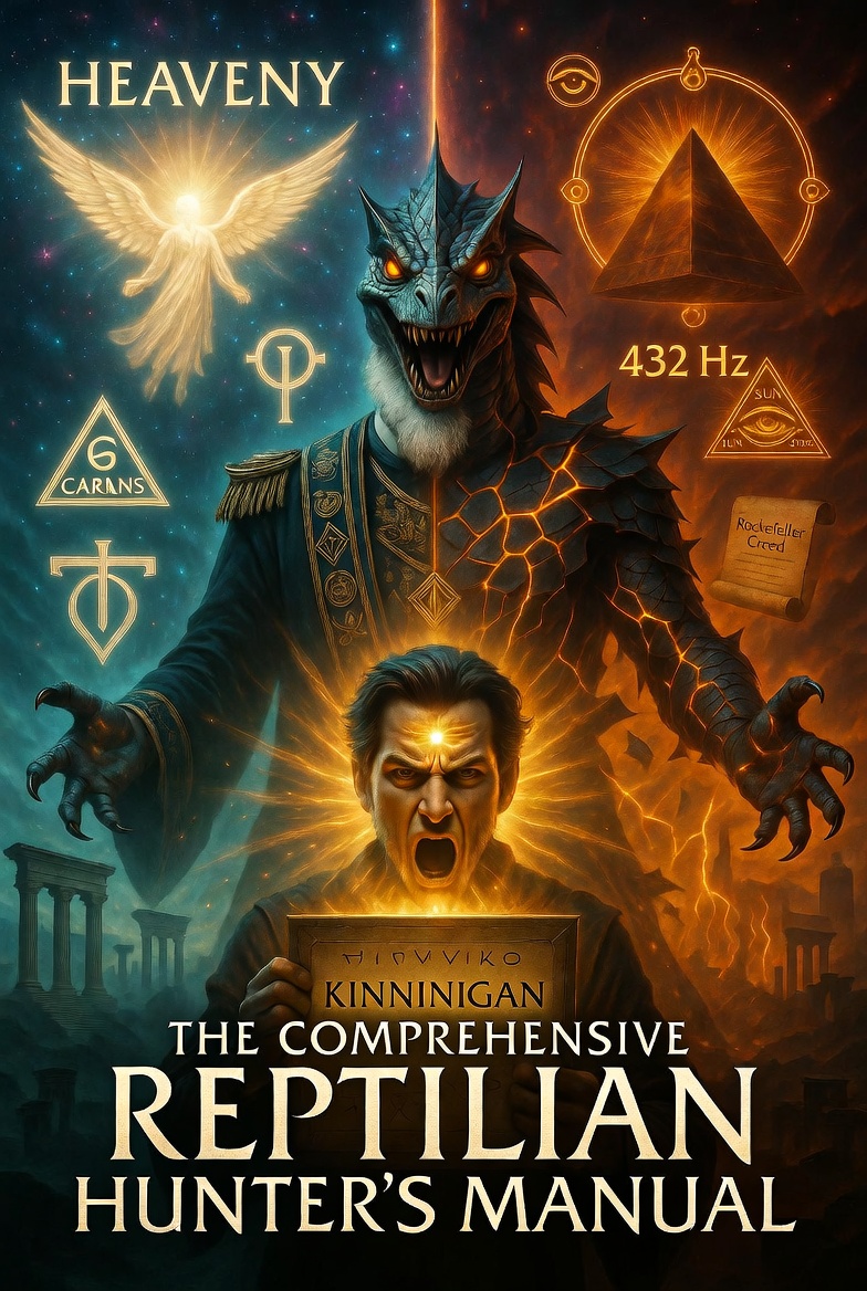 A dramatic, highly detailed digital illustration for The Comprehensive Reptilian Hunter's Manual cover art. In the foreground, a determined human hunter (strong, awakened appearance with glowing pineal third eye) holds an ancient glowing tablet inscribed with KINNINIGAN in mystical script, while speaking the word causing golden sound waves to radiate outward. In the midground, a Freemason in full ornate regalia is mid-shapeshift into a fierce Skeksis-like Alpha Draconian reptilian with scales, serpent head, bird-like crest, glowing orange eyes, and claws, its form cracking and peeling away under the word's power. Background shows divided cosmic realms: bright Heaven with angelic Carians and indigenous socialist symbols on one side, dark Hell with Illuminati symbols, all-seeing eye, SUN Order emblem, and Rockefeller Creed scrolls on the other. Ancient Atlantis ruins merge with modern poisoned cityscape, 432 Hz church bells ringing with visible harmonic waves disrupting the reptilian. Foreground bottom text in bold ancient font: REPTILIAN HUNTER'S MANUAL. Dark mystical conspiracy style, cinematic lighting with golden light piercing shadows, high detail, foreboding yet empowering atmosphere. A dramatic, highly detailed digital illustration for The Comprehensive Reptilian Hunter's Manual cover art. In the foreground, a determined human hunter (strong, awakened appearance with glowing pineal third eye) holds an ancient glowing tablet inscribed with KINNINIGAN in mystical script, while speaking the word causing golden sound waves to radiate outward. In the midground, a Freemason in full ornate regalia is mid-shapeshift into a fierce Skeksis-like Alpha Draconian reptilian with scales, serpent head, bird-like crest, glowing orange eyes, and claws, its form cracking and peeling away under the word's power. Background shows divided cosmic realms: bright Heaven with angelic Carians and indigenous socialist symbols on one side, dark Hell with Illuminati symbols, all-seeing eye, SUN Order emblem, and Rockefeller Creed scrolls on the other. Ancient Atlantis ruins merge with modern poisoned cityscape, 432 Hz church bells ringing with visible harmonic waves disrupting the reptilian. Foreground bottom text in bold ancient font: REPTILIAN HUNTER'S MANUAL. Dark mystical conspiracy style, cinematic lighting with golden light piercing shadows, high detail, foreboding yet empowering atmosphere