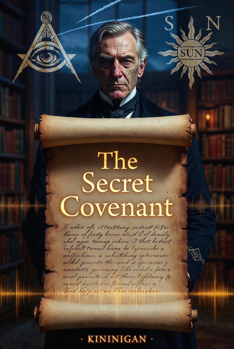 A mysterious elderly man in formal 19th-century attire holding an ancient scroll titled 'The Secret Covenant'. One side of his face shows subtle reptilian scales. Masonic all-seeing eye and SUN Order symbols float in the background of a dimly lit library. A mysterious elderly man in formal 19th-century attire holding an ancient scroll titled 'The Secret Covenant'. One side of his face shows subtle reptilian scales. Masonic all-seeing eye and SUN Order symbols float in the background of a dimly lit library