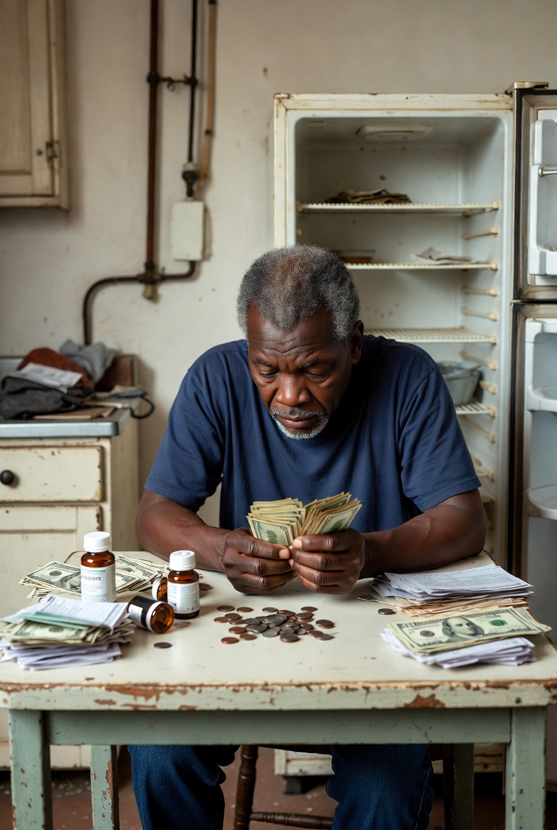 A tired older man with graying hair sits at a worn kitchen table in a modest apartment, intently counting a small stack of dollar bills and coins with a worried expression. An nearly empty refrigerator stands open in the background, surrounded by scattered medication bottles and piles of bills, conveying financial hardship and daily struggle.