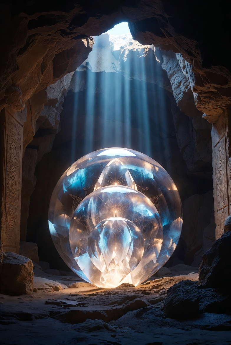 Illustrated photo of three nested glowing crystal spheres known as the Triune Core floating inside a mysterious ancient underground vault beneath the Vatican, illuminated by dramatic beams of light. Illustrated photo of three nested glowing crystal spheres known as the Triune Core floating inside a mysterious ancient underground vault beneath the Vatican, illuminated by dramatic beams of light