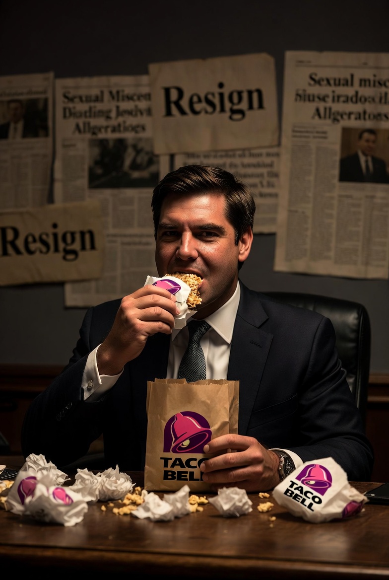 A dramatic political satire scene showing a smug-looking man in a suit (resembling Eric Swalwell) sitting alone at a desk in a dimly lit congressional office, silently eating from a glowing Taco Bell bag and wrapper, with fast-food wrappers scattered around. In the background, faded newspaper headlines about sexual misconduct allegations and a A dramatic political satire scene showing a smug-looking man in a suit (resembling Eric Swalwell) sitting alone at a desk in a dimly lit congressional office, silently eating from a glowing Taco Bell bag and wrapper, with fast-food wrappers scattered around. In the background, faded newspaper headlines about sexual misconduct allegations and a