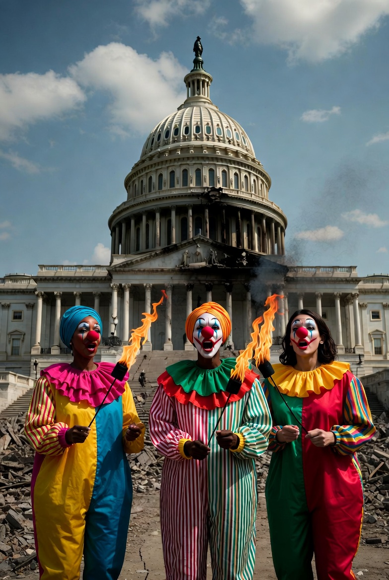 Mock photo of the political squad dressed as clowns in front of the crumbling Capitol building at their mercy